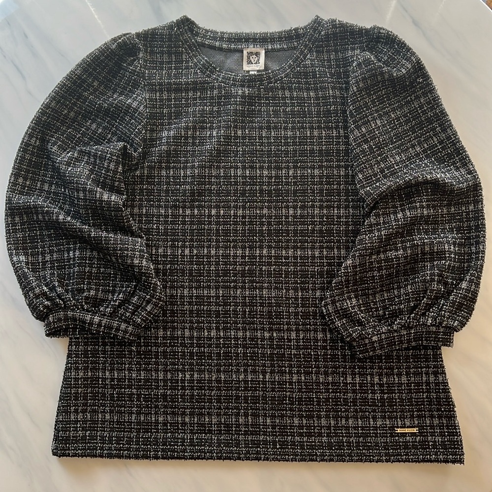 NWT Anne Klein Women’s Blouson Sleeve Plaid Top Silver Grey Black Size Large